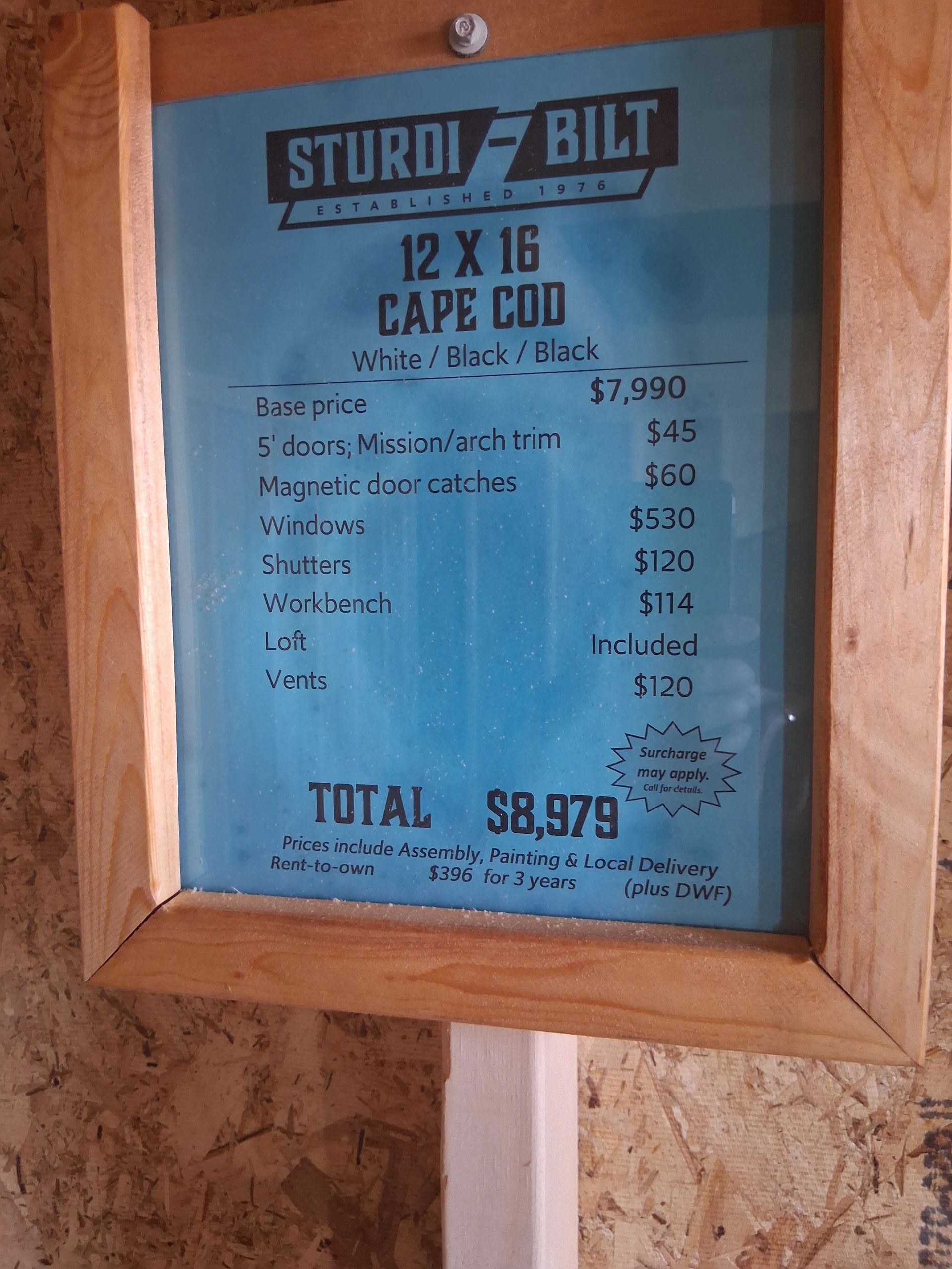 Sturdi-Bilt Lot Inventory 12x16 Cape Cod Price